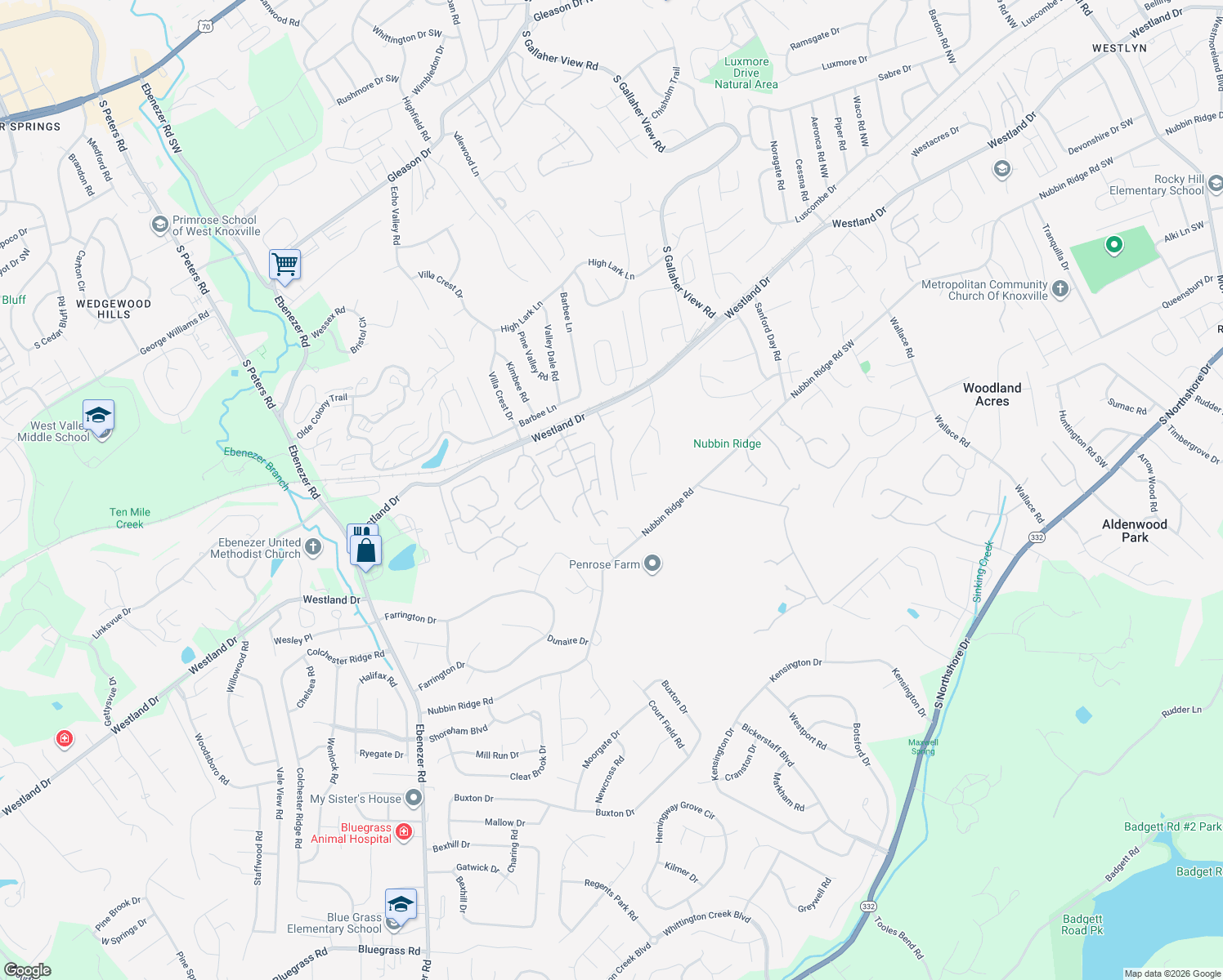 map of restaurants, bars, coffee shops, grocery stores, and more near 8513 East Cypress Lake Drive in Knoxville