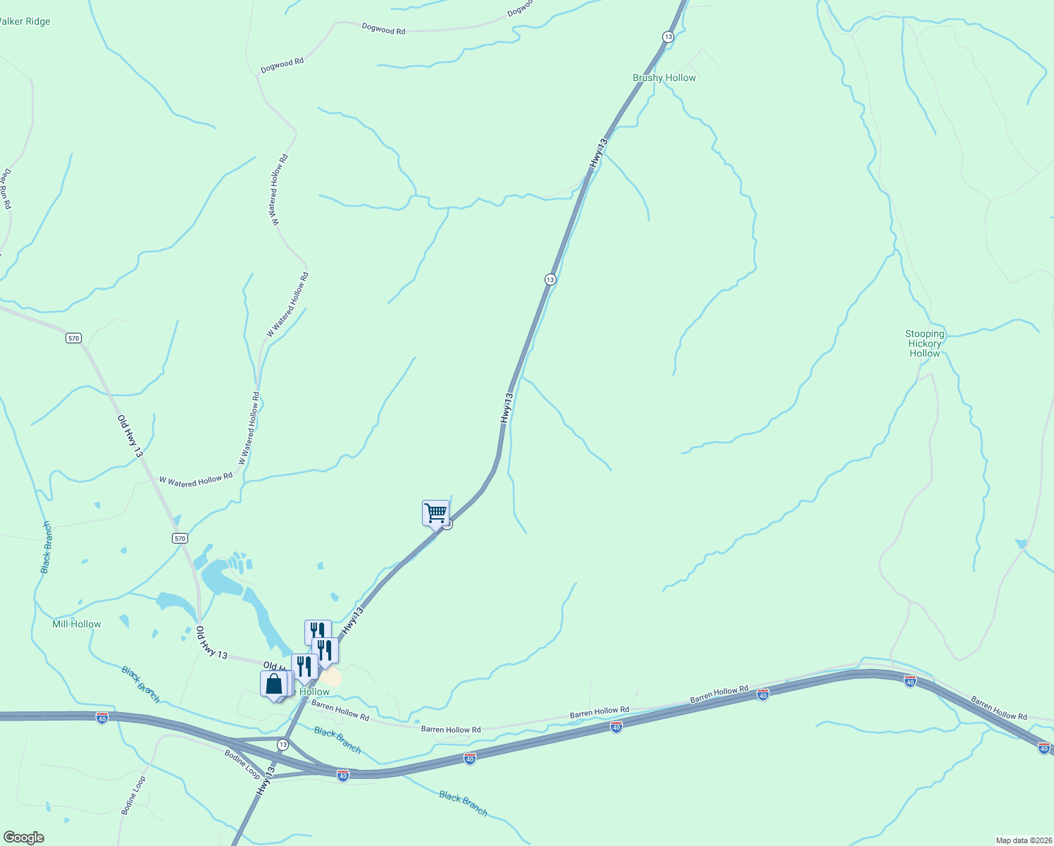 map of restaurants, bars, coffee shops, grocery stores, and more near Tennessee 13 in Hurricane Mills