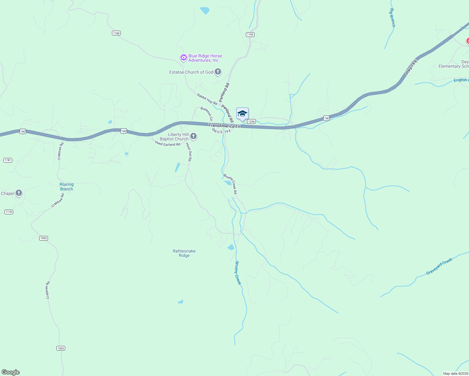 map of restaurants, bars, coffee shops, grocery stores, and more near 46A Brushy Creek Road in Spruce Pine