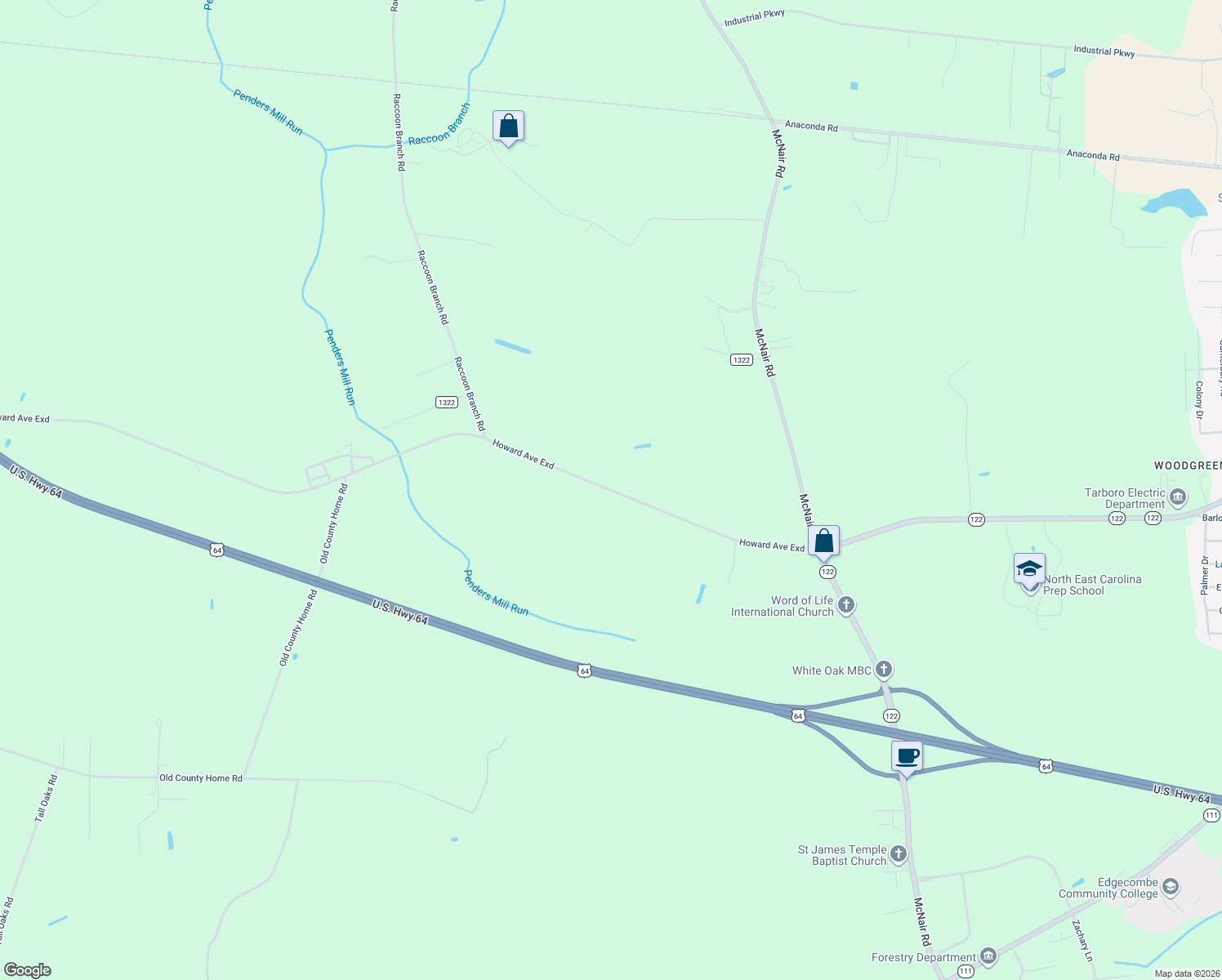 map of restaurants, bars, coffee shops, grocery stores, and more near Howard Ave Exd in Tarboro