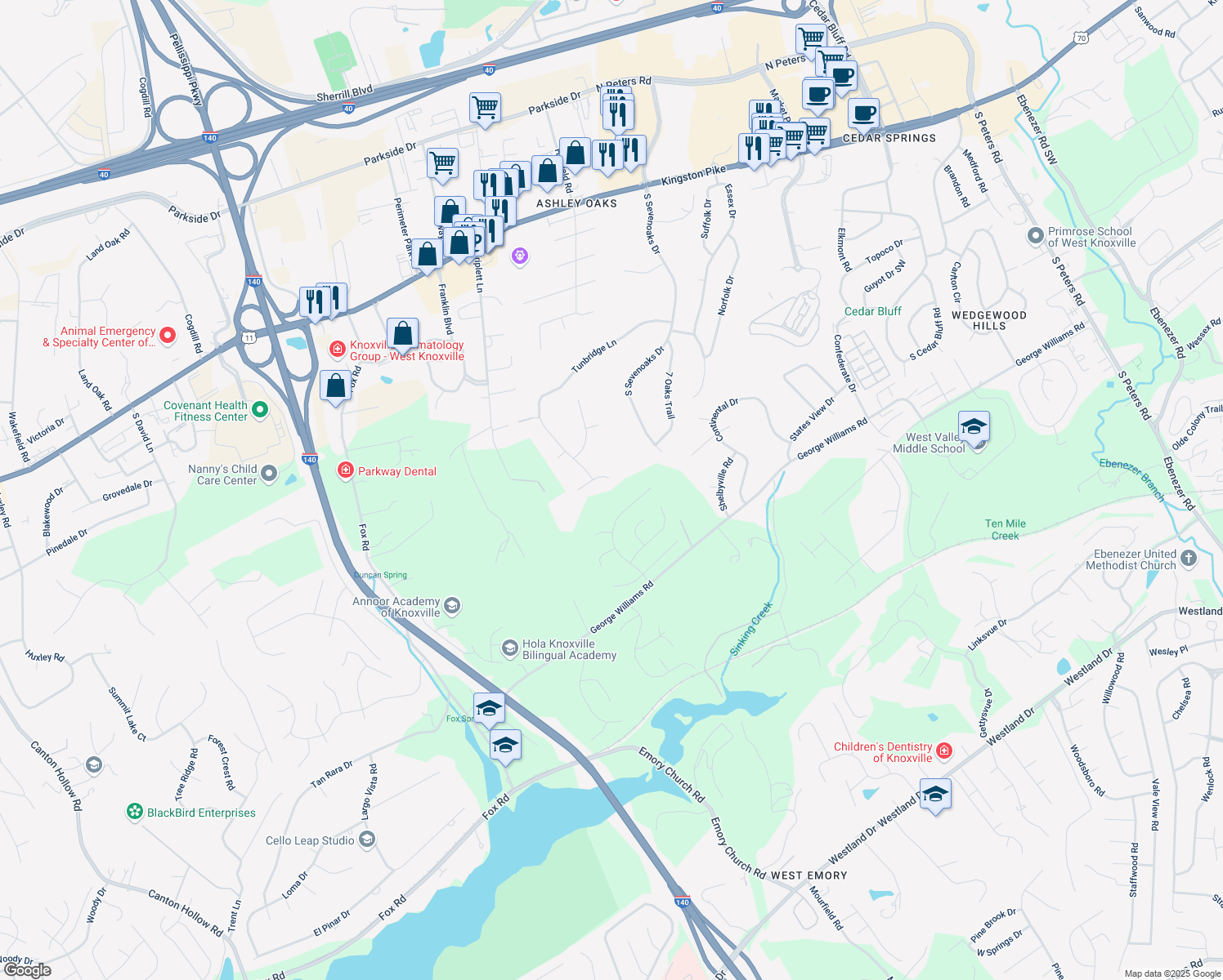 map of restaurants, bars, coffee shops, grocery stores, and more near 9708 Stone Henge Lane in Knoxville