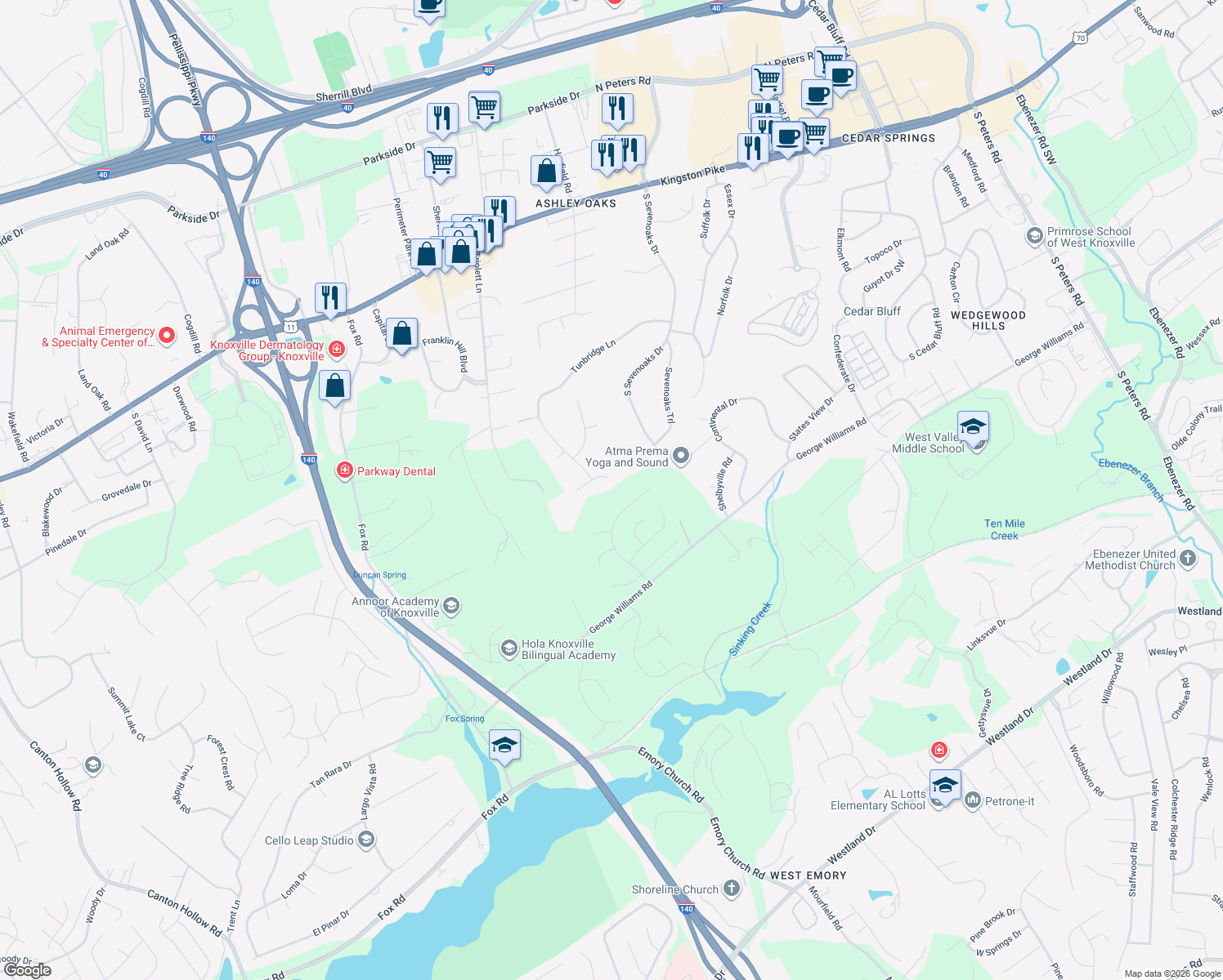 map of restaurants, bars, coffee shops, grocery stores, and more near 9708 Stone Henge Lane in Knoxville