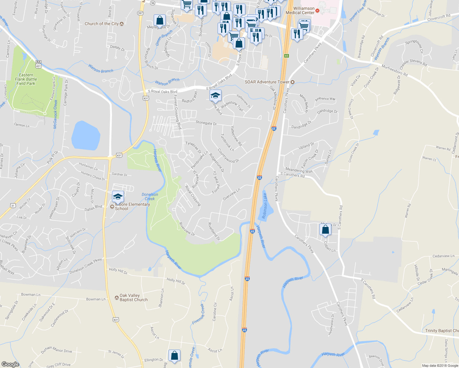 map of restaurants, bars, coffee shops, grocery stores, and more near 412 Ridgestone Drive in Franklin
