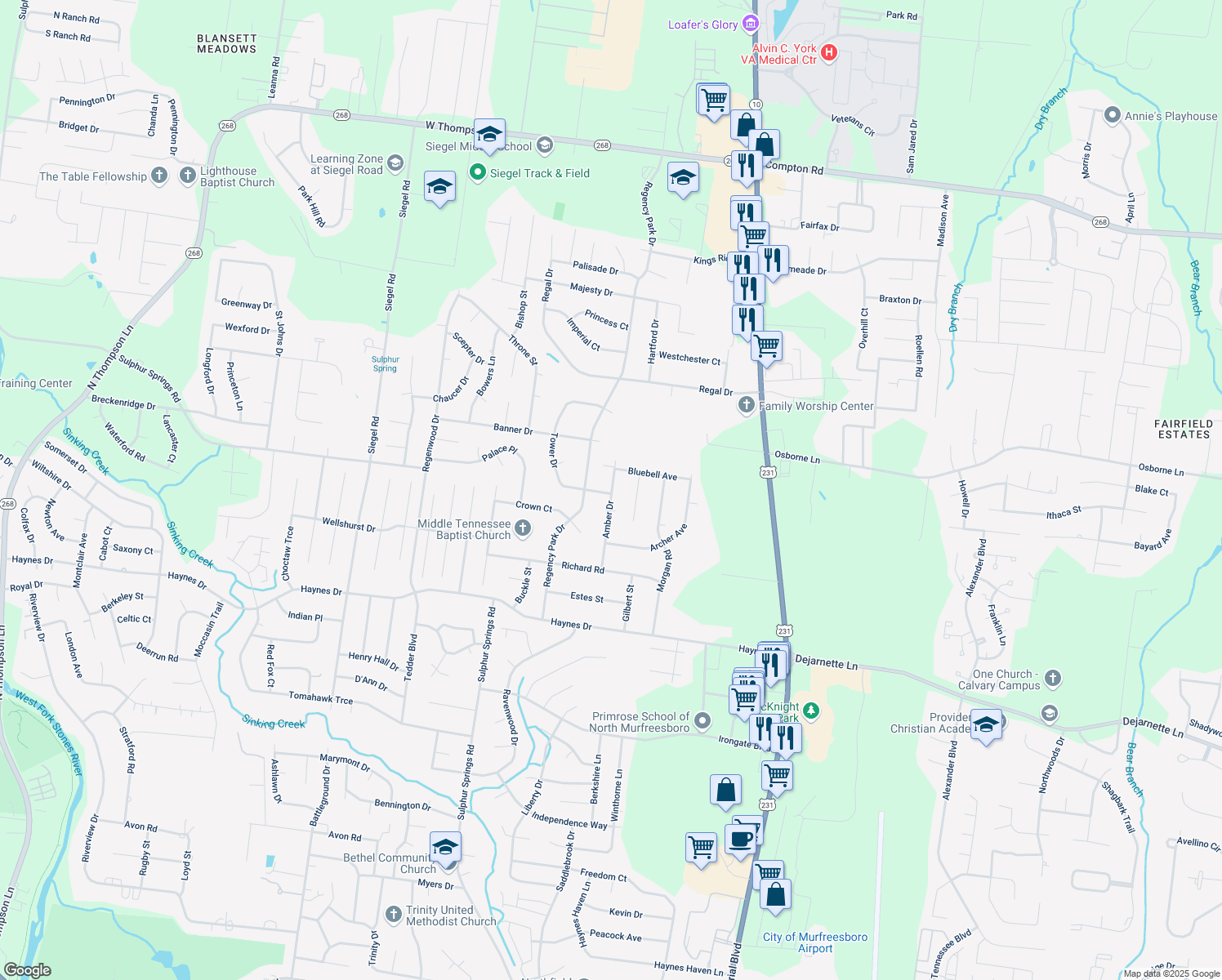 map of restaurants, bars, coffee shops, grocery stores, and more near 2802 Amber Dr in Murfreesboro