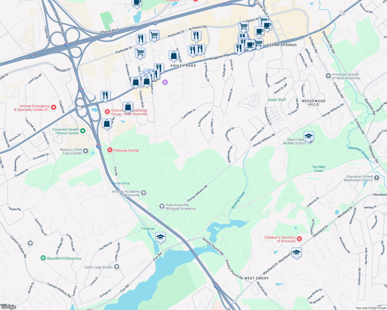 map of restaurants, bars, coffee shops, grocery stores, and more near 9708 Stone Henge Lane in Knoxville