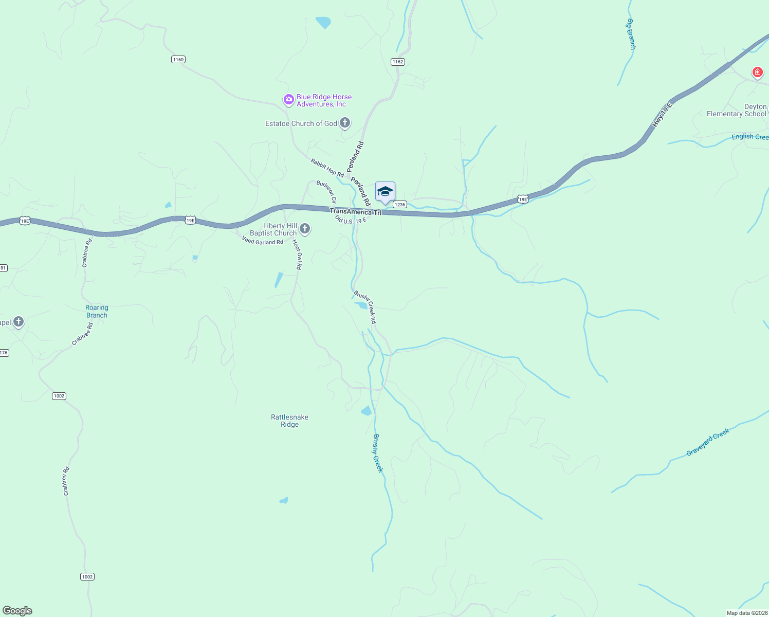 map of restaurants, bars, coffee shops, grocery stores, and more near 46A Brushy Creek Road in Spruce Pine