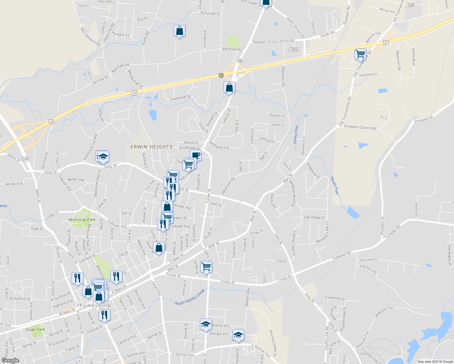 map of restaurants, bars, coffee shops, grocery stores, and more near 115 Albertson Road in Thomasville