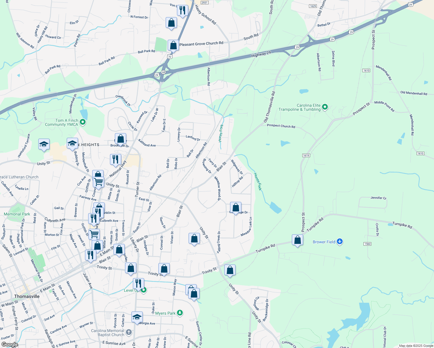 map of restaurants, bars, coffee shops, grocery stores, and more near 1379 Blair Street in Thomasville