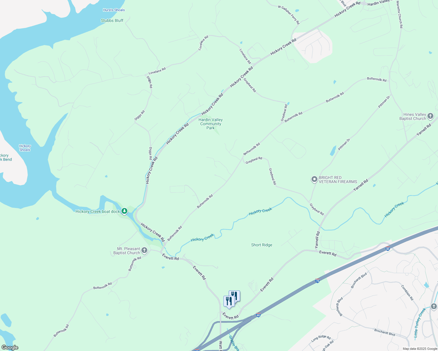 map of restaurants, bars, coffee shops, grocery stores, and more near 12757 Buttermilk Road in Knoxville