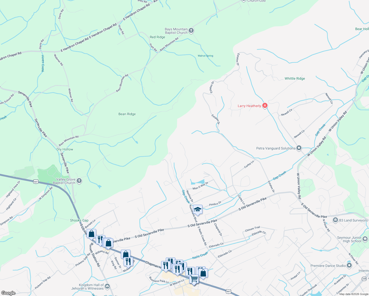 map of restaurants, bars, coffee shops, grocery stores, and more near 670 North Cunningham Road in Seymour
