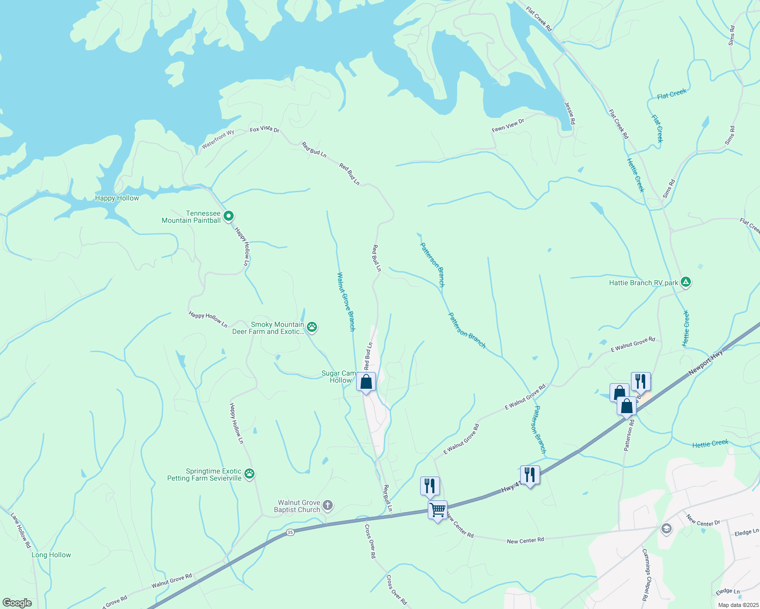 map of restaurants, bars, coffee shops, grocery stores, and more near 410 Red Bud Lane in Sevierville