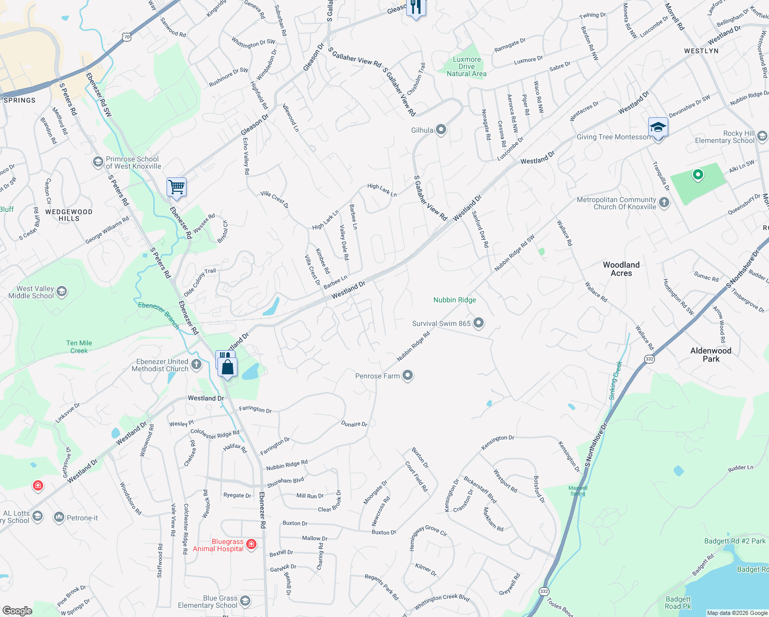 map of restaurants, bars, coffee shops, grocery stores, and more near 960 Gothic Manor Way in Knoxville