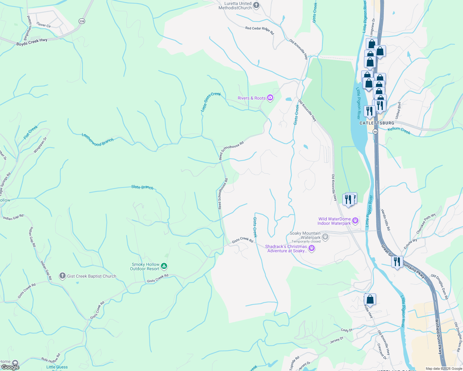 map of restaurants, bars, coffee shops, grocery stores, and more near 301-367 Reed Schoolhouse Road in Sevierville