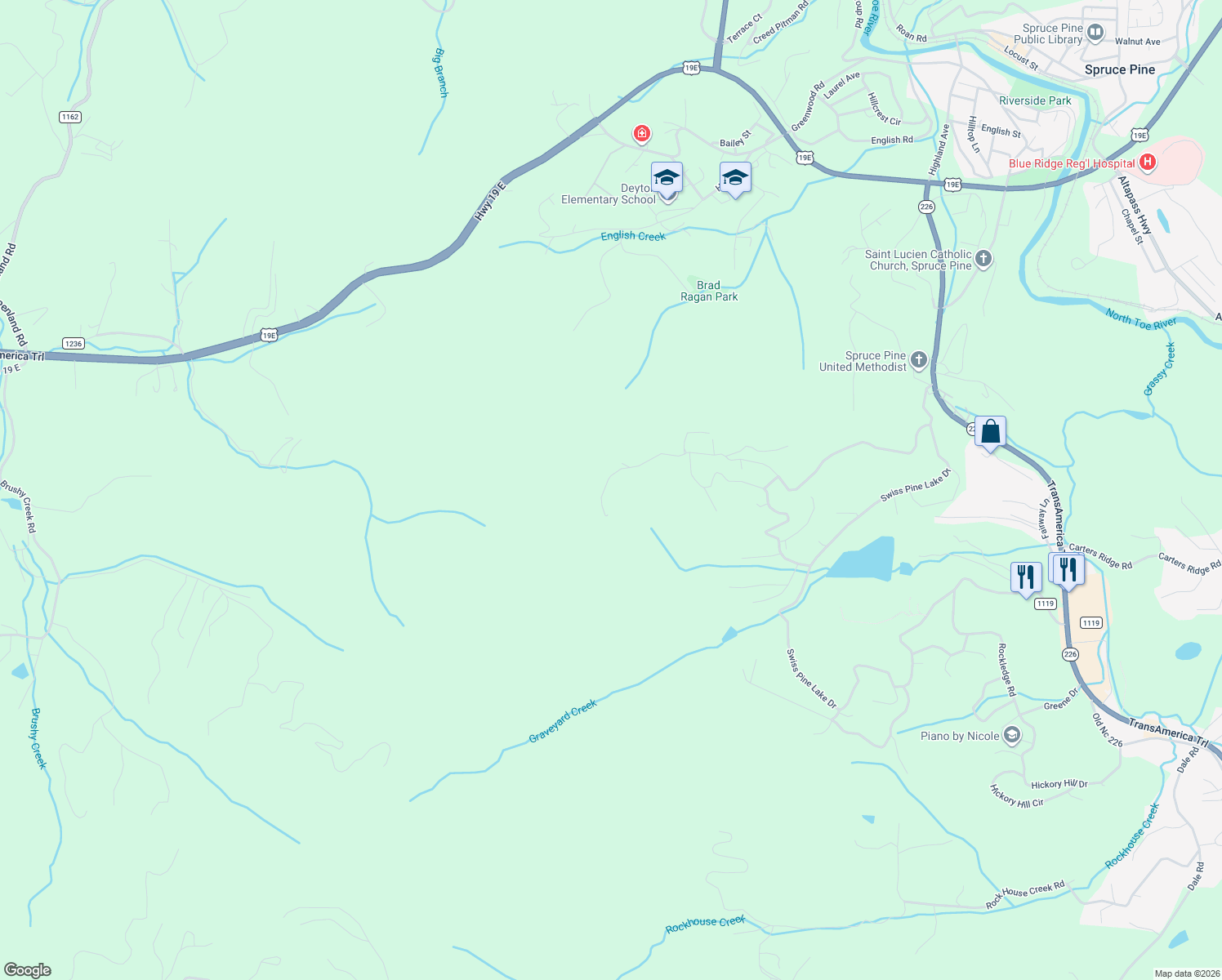 map of restaurants, bars, coffee shops, grocery stores, and more near 1208 McHone Road in Spruce Pine