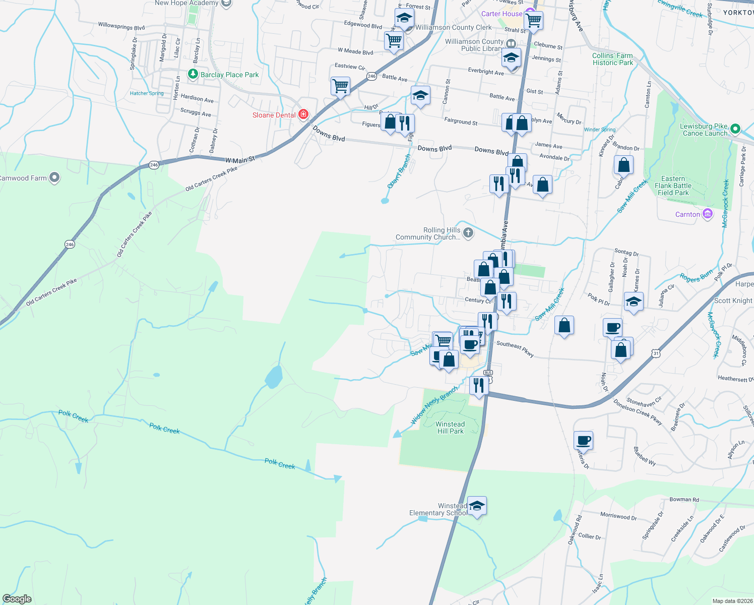 map of restaurants, bars, coffee shops, grocery stores, and more near 429 Century Court in Franklin