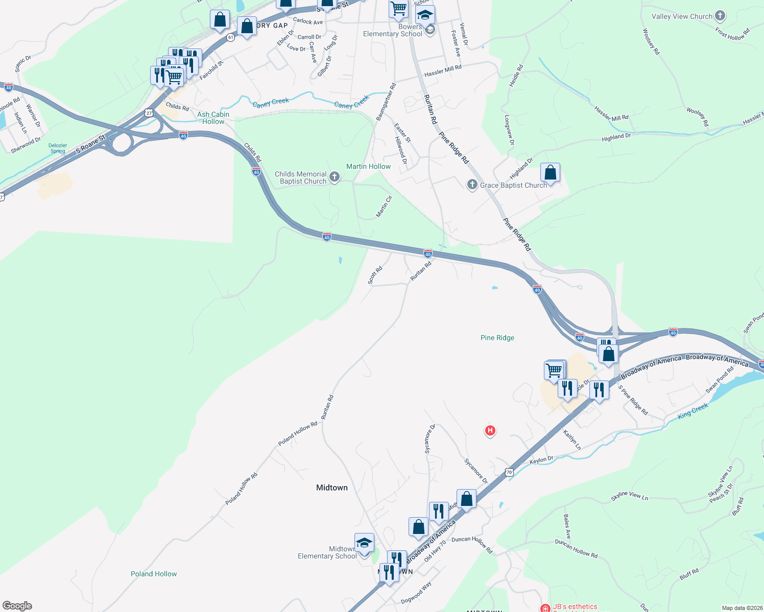 map of restaurants, bars, coffee shops, grocery stores, and more near 137 Scott Road in Harriman