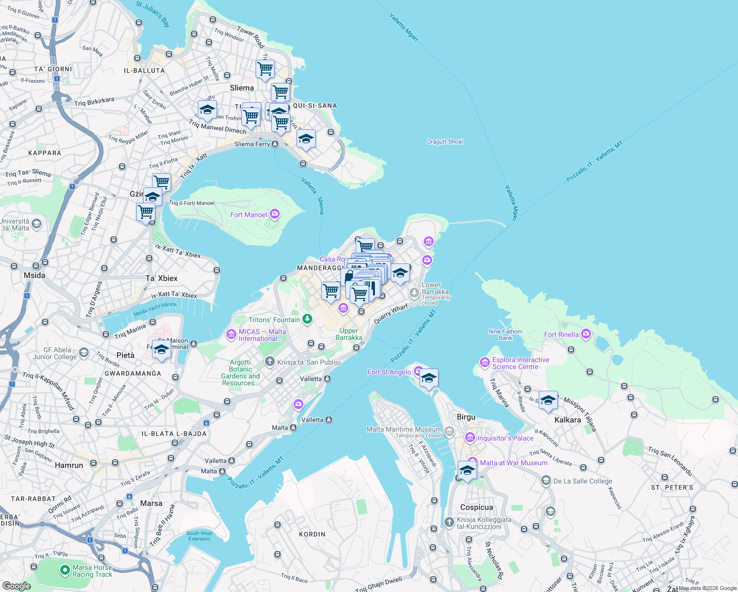 map of restaurants, bars, coffee shops, grocery stores, and more near in Valletta