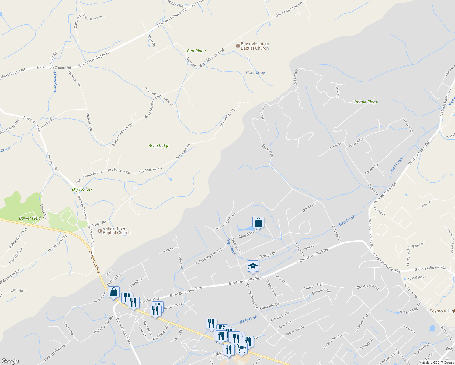 map of restaurants, bars, coffee shops, grocery stores, and more near 670 North Cunningham Road in Seymour