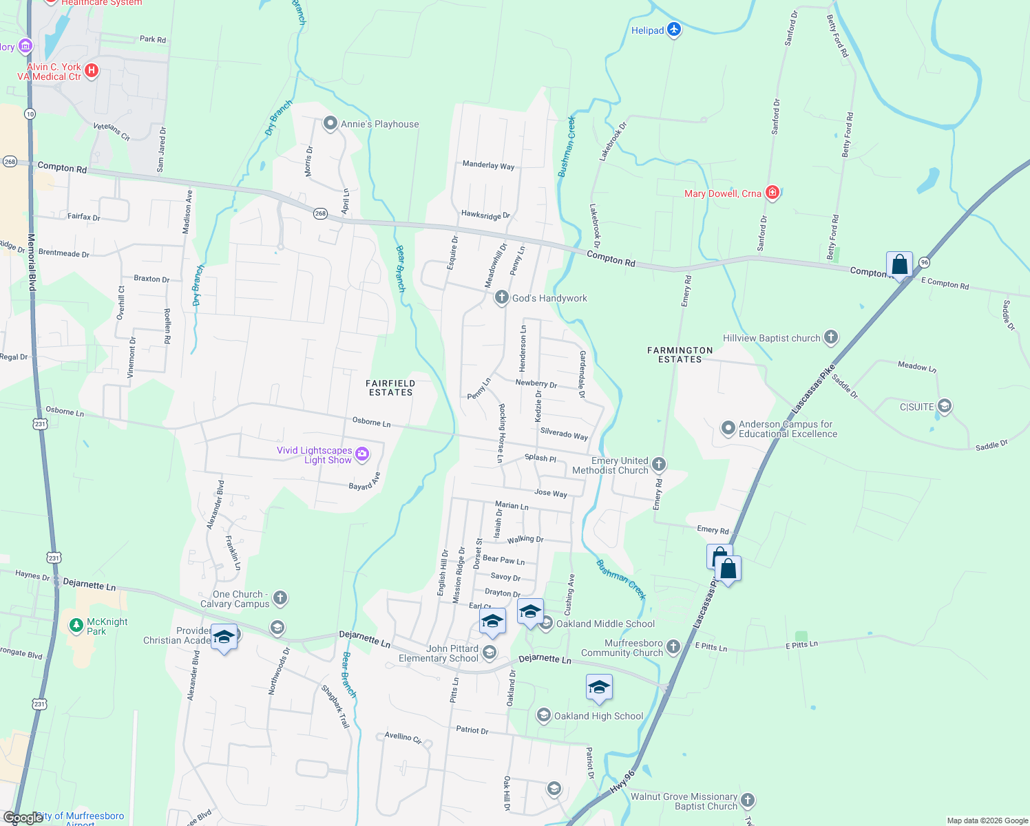map of restaurants, bars, coffee shops, grocery stores, and more near 2807 Henderson Lane in Murfreesboro