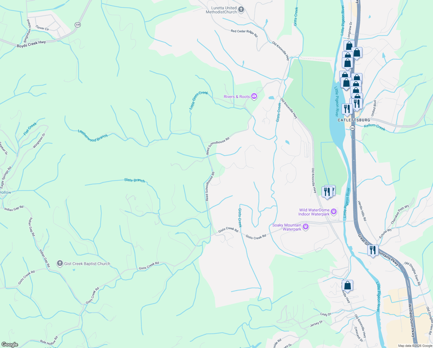 map of restaurants, bars, coffee shops, grocery stores, and more near 301-367 Reed Schoolhouse Road in Sevierville
