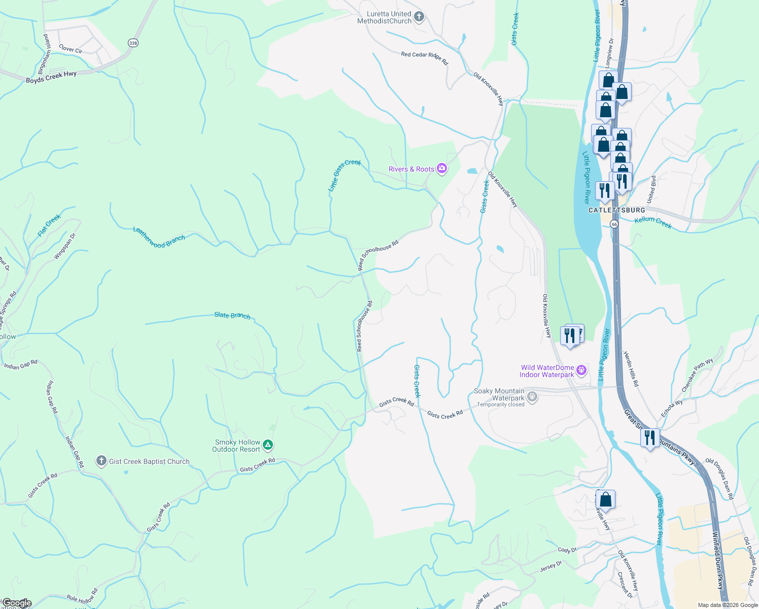 map of restaurants, bars, coffee shops, grocery stores, and more near 301-367 Reed Schoolhouse Road in Sevierville