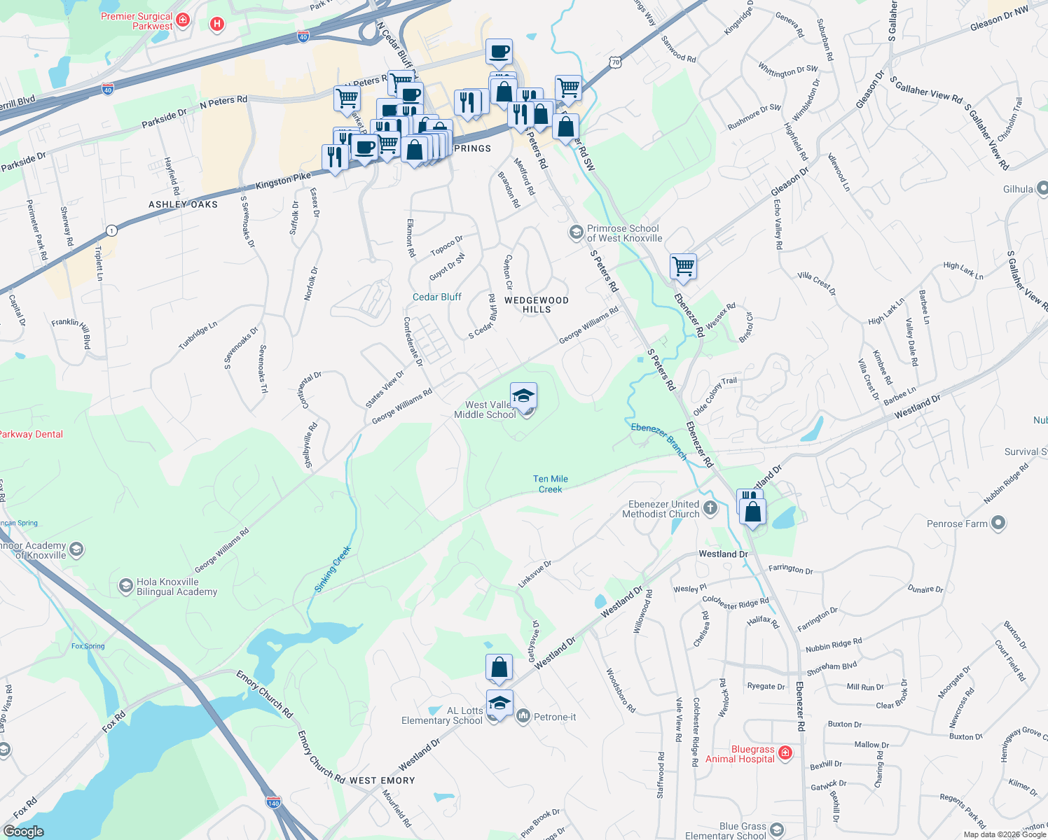 map of restaurants, bars, coffee shops, grocery stores, and more near 9118 George Williams Road in Knoxville