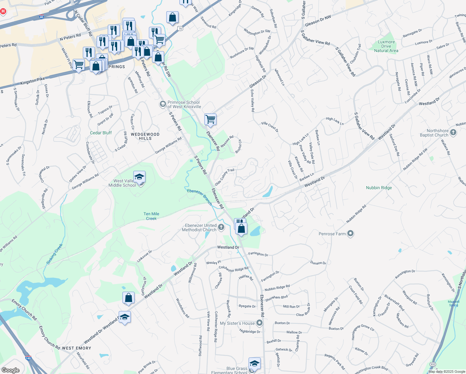 map of restaurants, bars, coffee shops, grocery stores, and more near 829 Olde Pioneer Trail in Knoxville