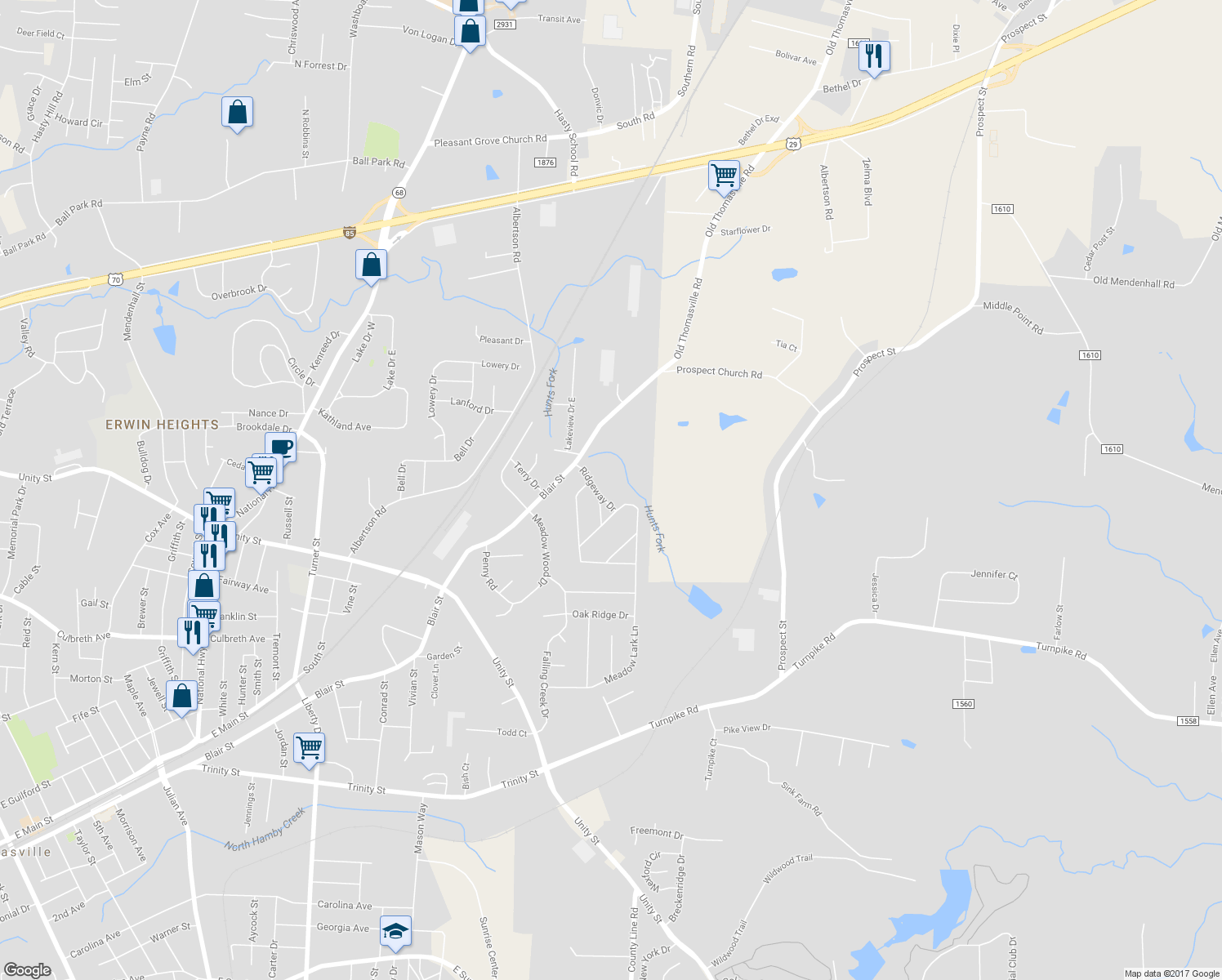 map of restaurants, bars, coffee shops, grocery stores, and more near 113 Ridgeway Drive in Thomasville