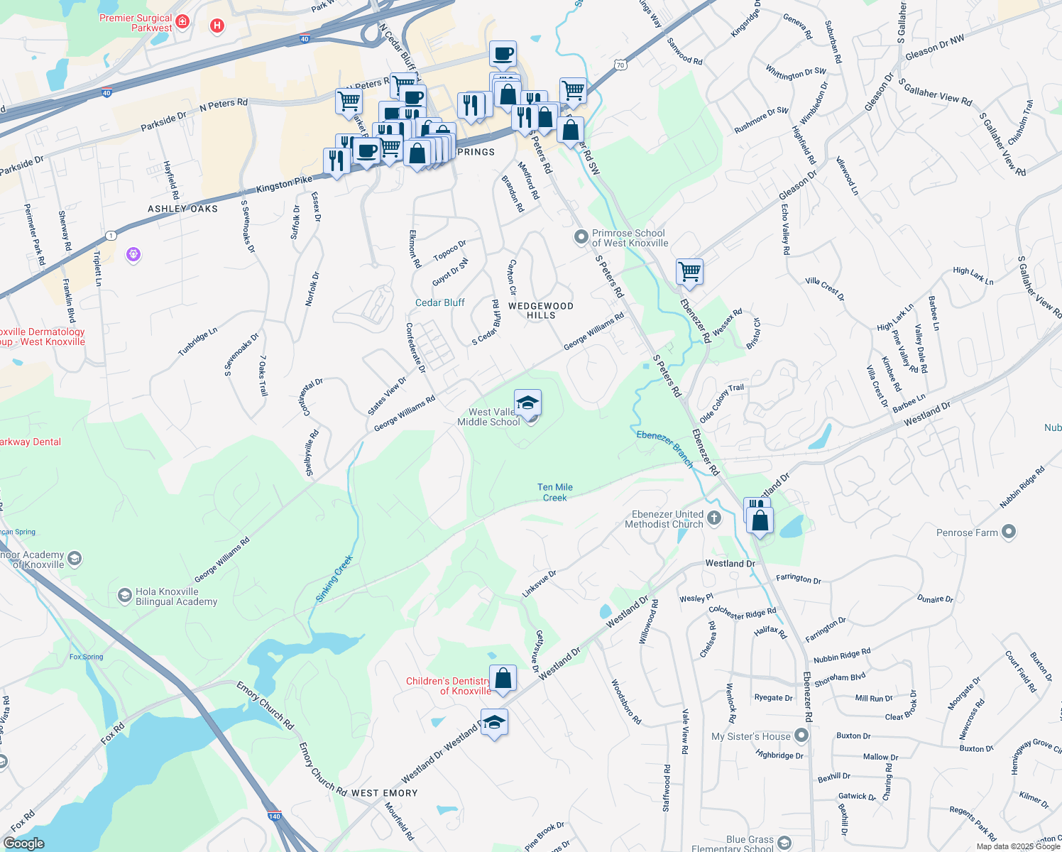 map of restaurants, bars, coffee shops, grocery stores, and more near 9118 George Williams Road in Knoxville