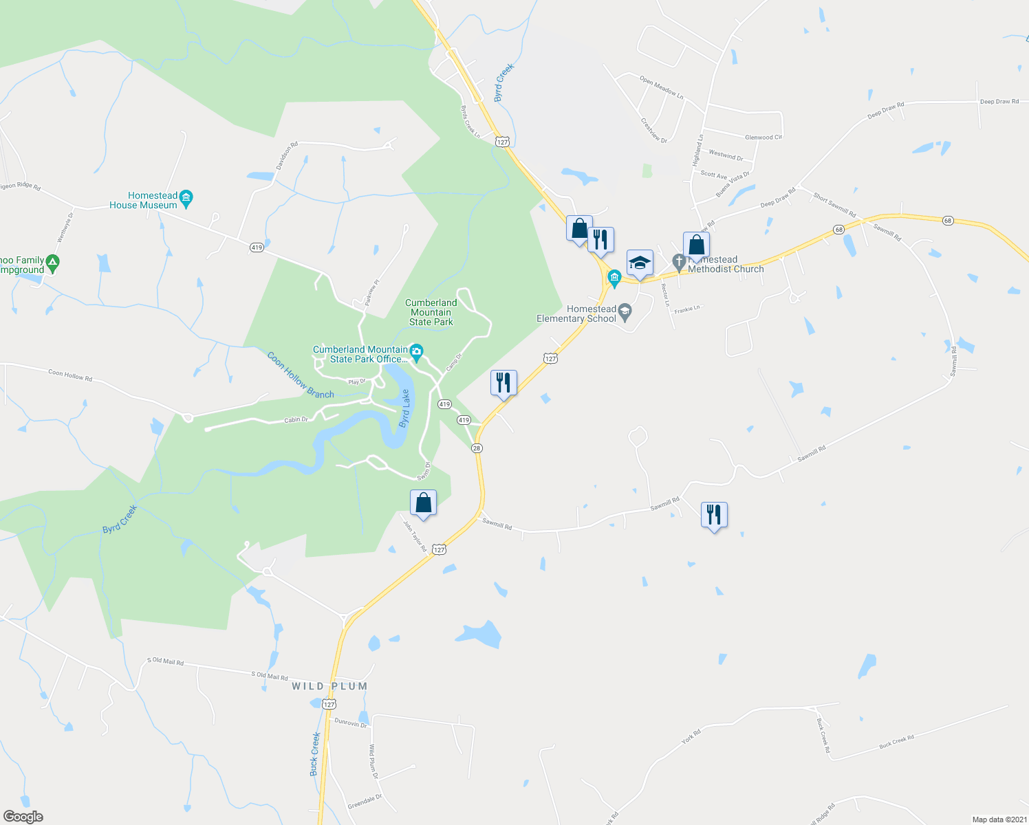 map of restaurants, bars, coffee shops, grocery stores, and more near 4357 U.S. 127 in Crossville