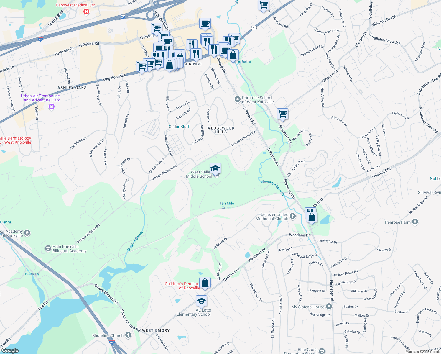 map of restaurants, bars, coffee shops, grocery stores, and more near 9118 George Williams Road in Knoxville