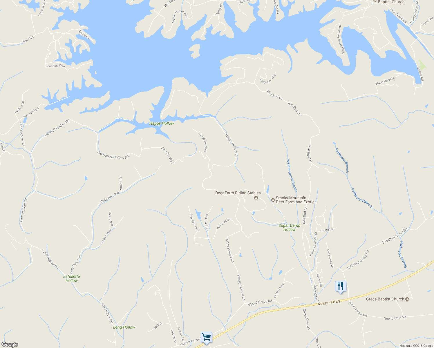 map of restaurants, bars, coffee shops, grocery stores, and more near 604 Happy Hollow Lane in Sevierville