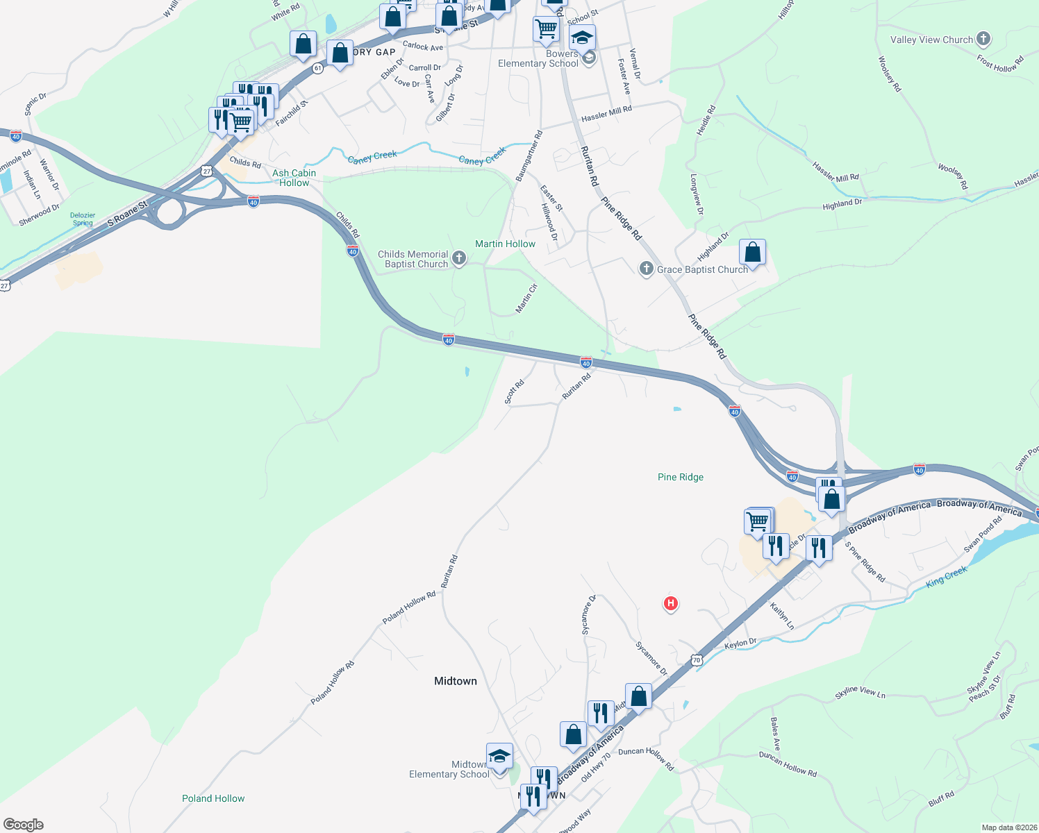 map of restaurants, bars, coffee shops, grocery stores, and more near 137 Scott Road in Harriman