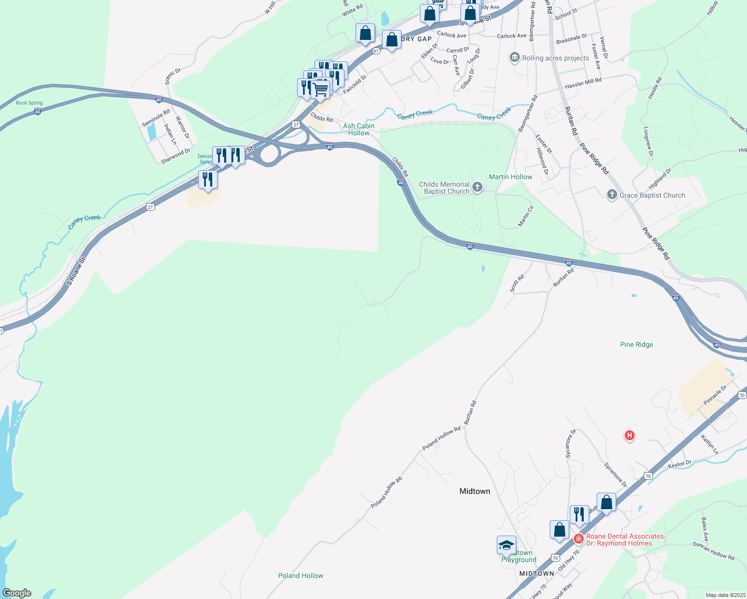 map of restaurants, bars, coffee shops, grocery stores, and more near 489 Ashe Cabin Hollow Road in Harriman