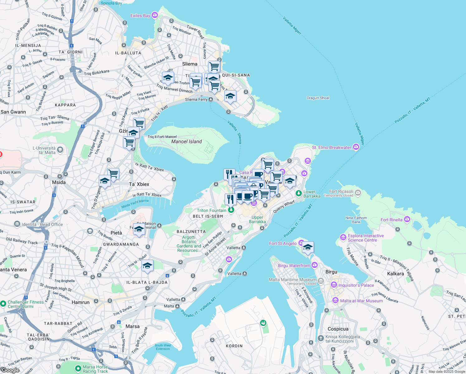 map of restaurants, bars, coffee shops, grocery stores, and more near in Valletta