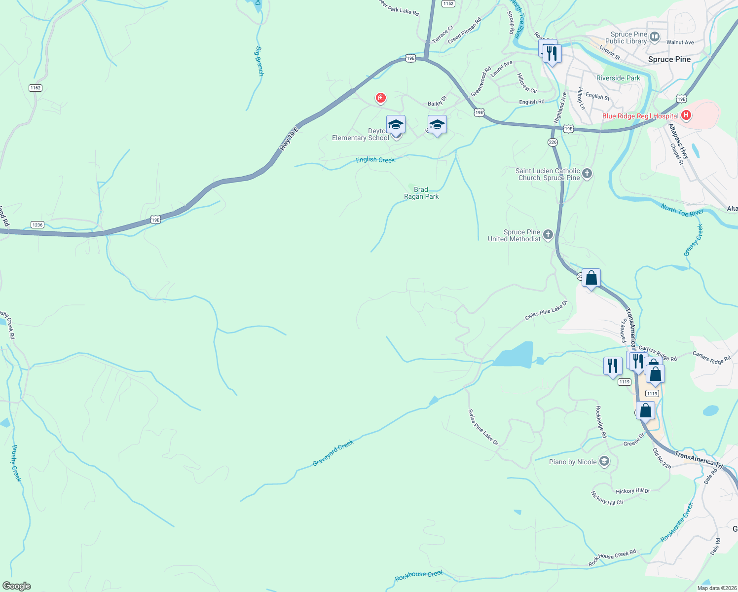 map of restaurants, bars, coffee shops, grocery stores, and more near 1208 McHone Road in Spruce Pine
