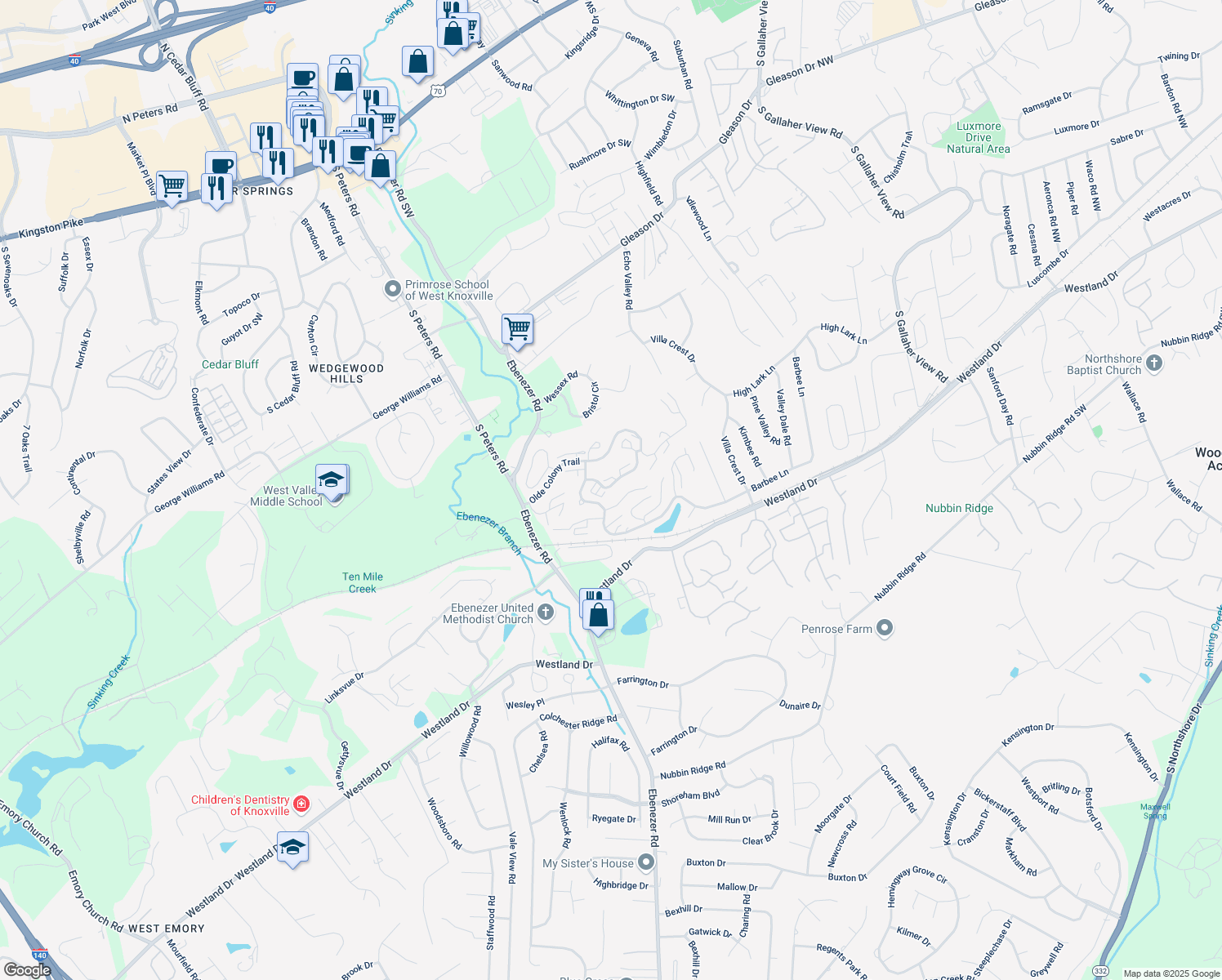 map of restaurants, bars, coffee shops, grocery stores, and more near 8661 Olde Colony Trail in Knoxville