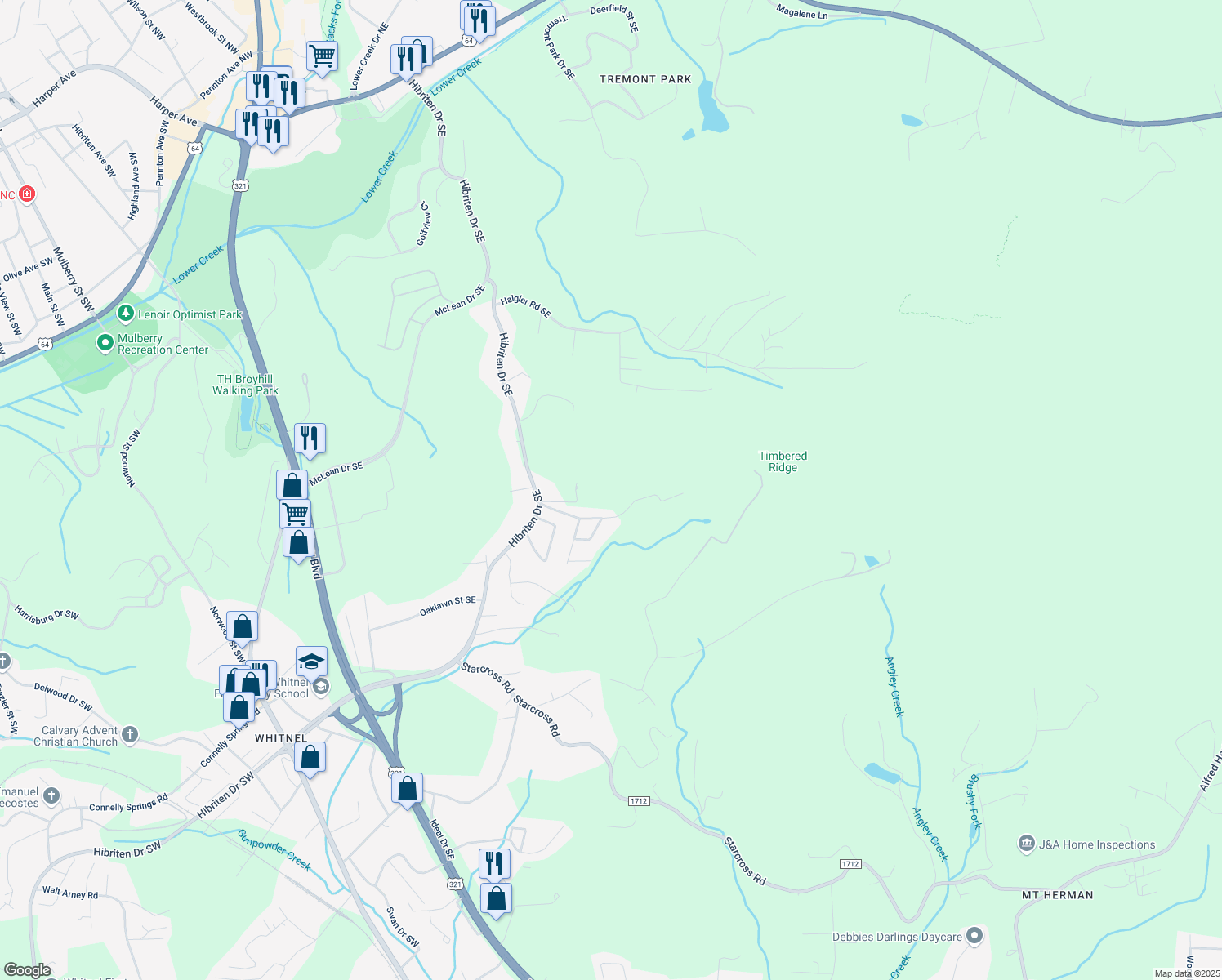 map of restaurants, bars, coffee shops, grocery stores, and more near 117 Prestwood Drive Southeast in Lenoir