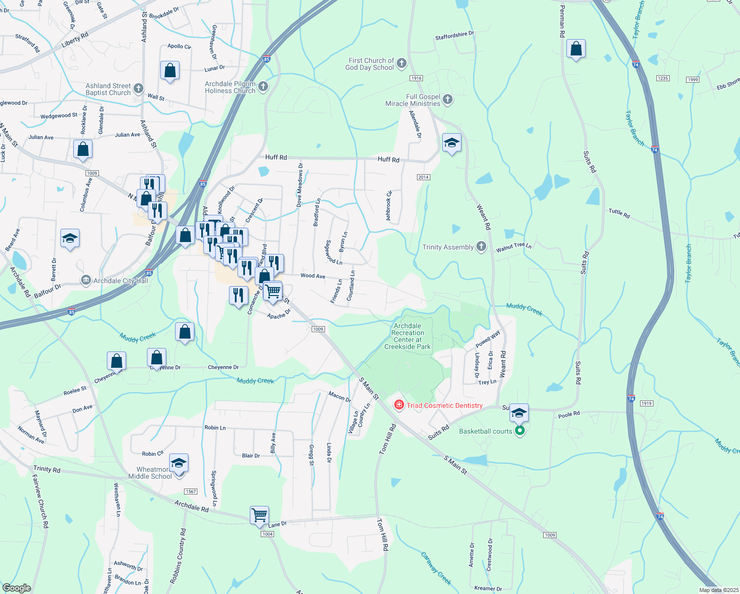map of restaurants, bars, coffee shops, grocery stores, and more near 110 Oakley Court in Archdale