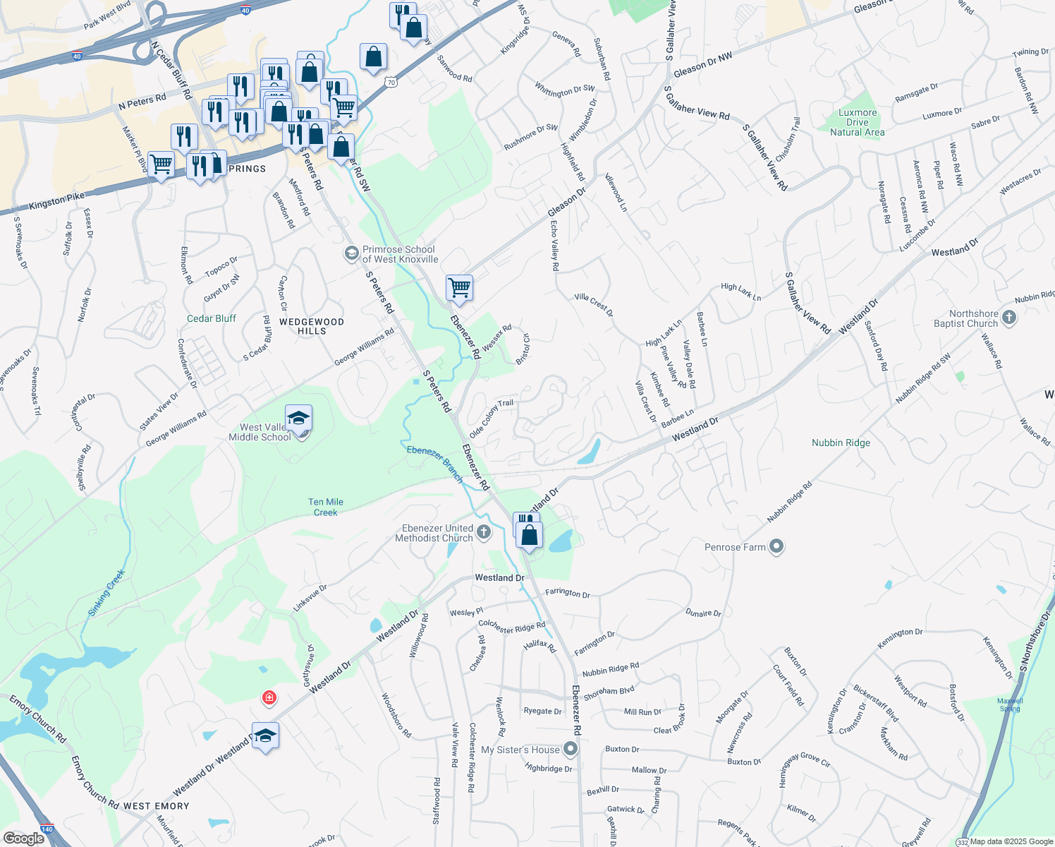 map of restaurants, bars, coffee shops, grocery stores, and more near 804 Olde Pioneer Trail in Knoxville