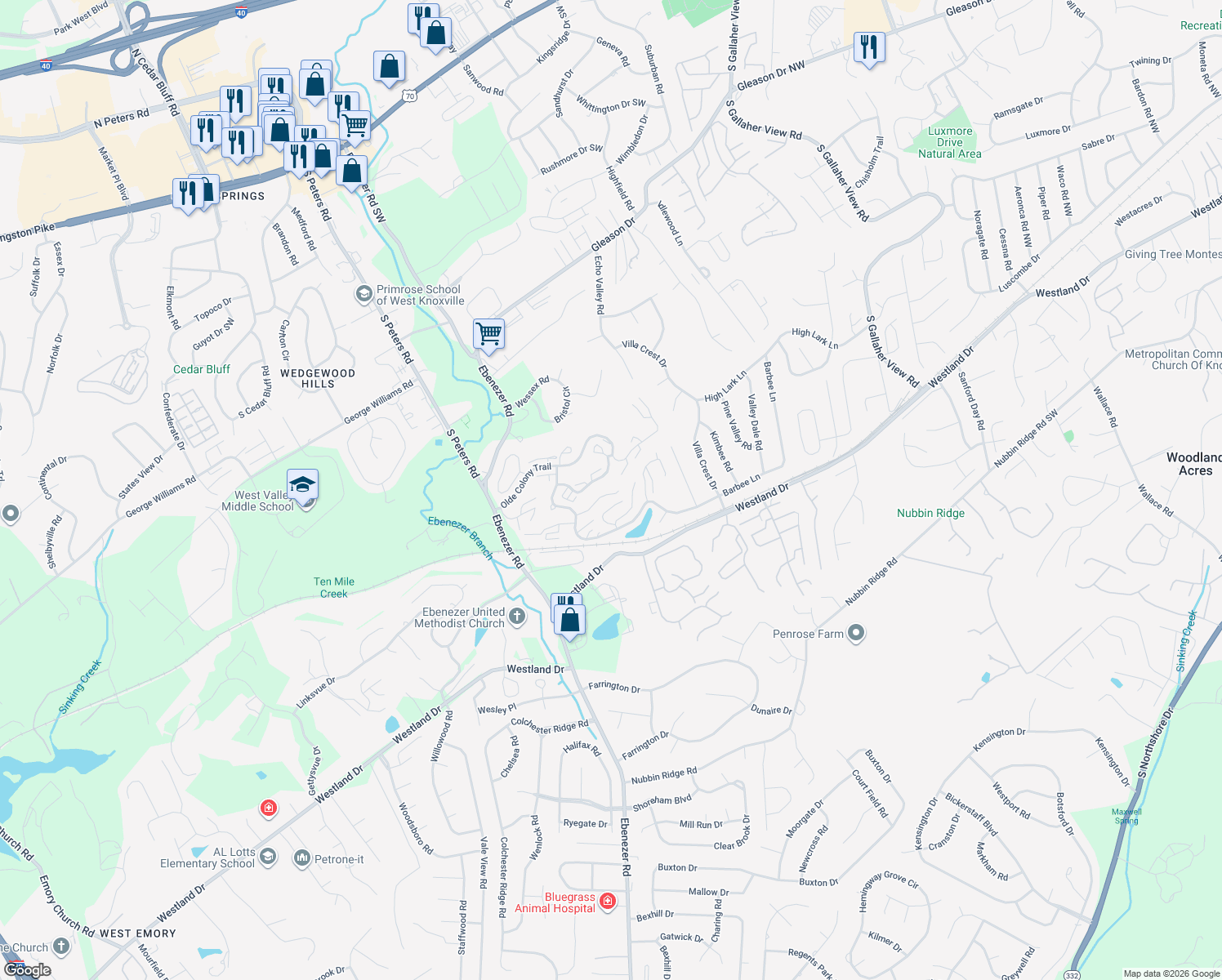 map of restaurants, bars, coffee shops, grocery stores, and more near 808 Olde Pioneer Trail in Knoxville
