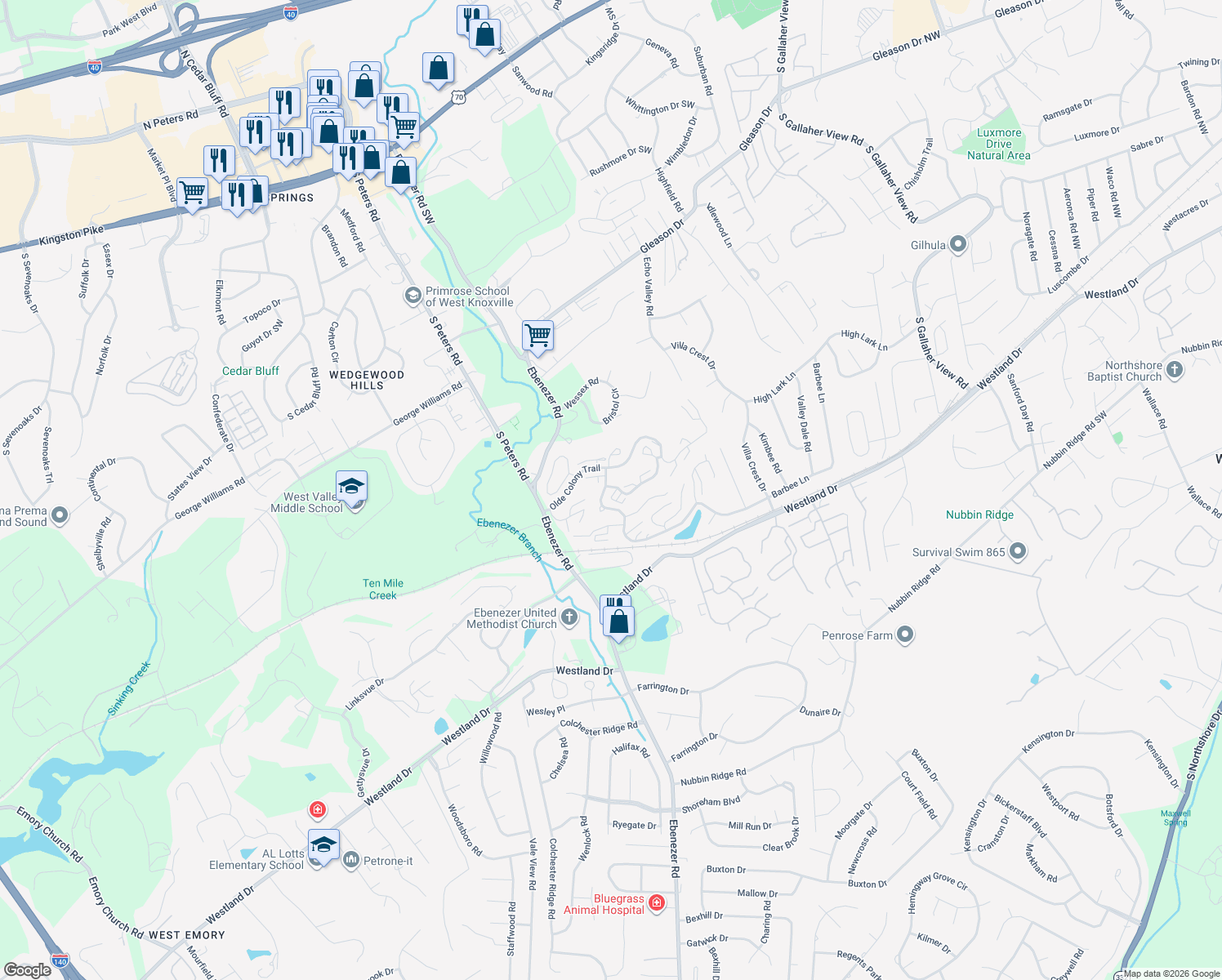 map of restaurants, bars, coffee shops, grocery stores, and more near 8661 Olde Colony Trail in Knoxville