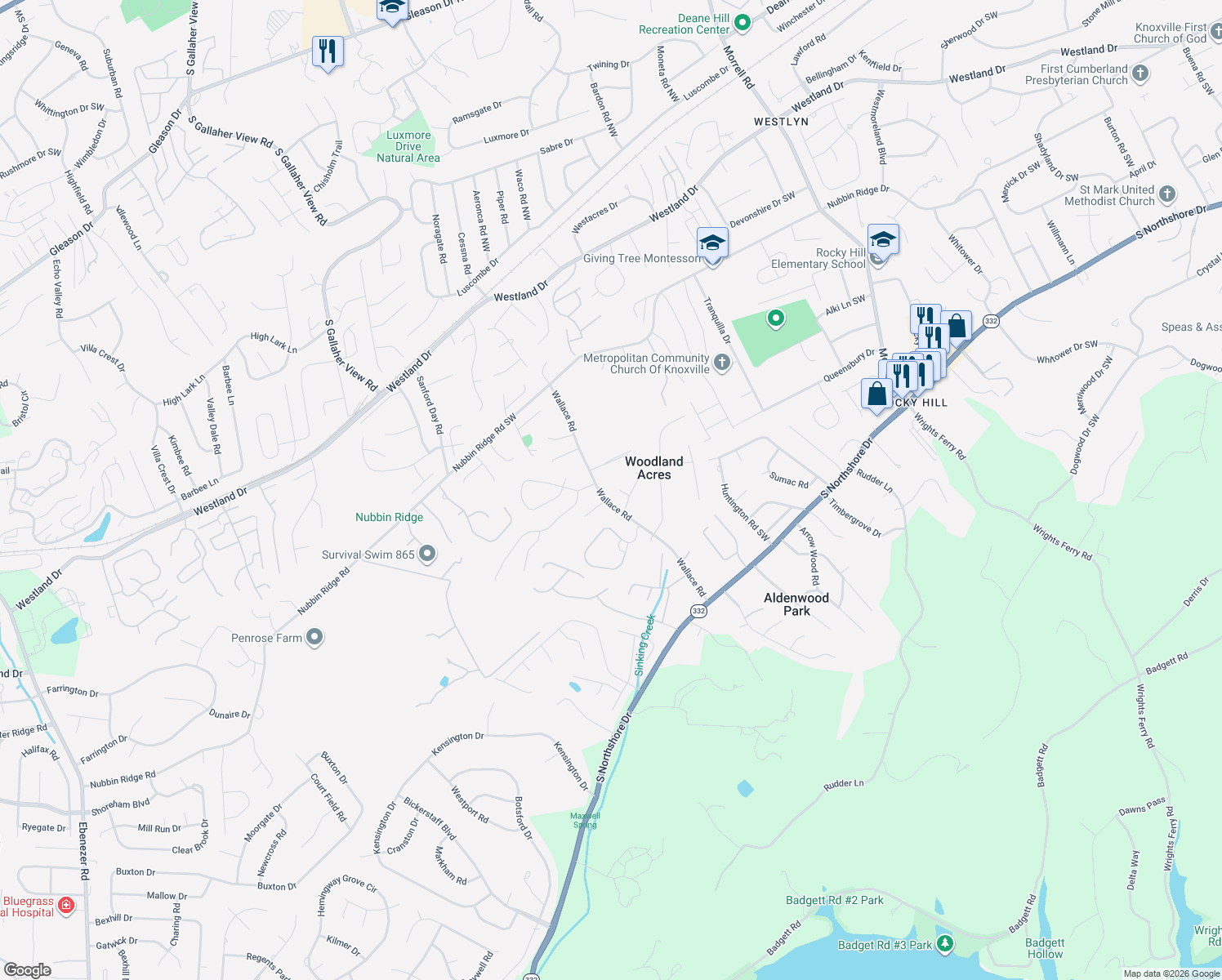 map of restaurants, bars, coffee shops, grocery stores, and more near 1128 Wallace Road in Knoxville