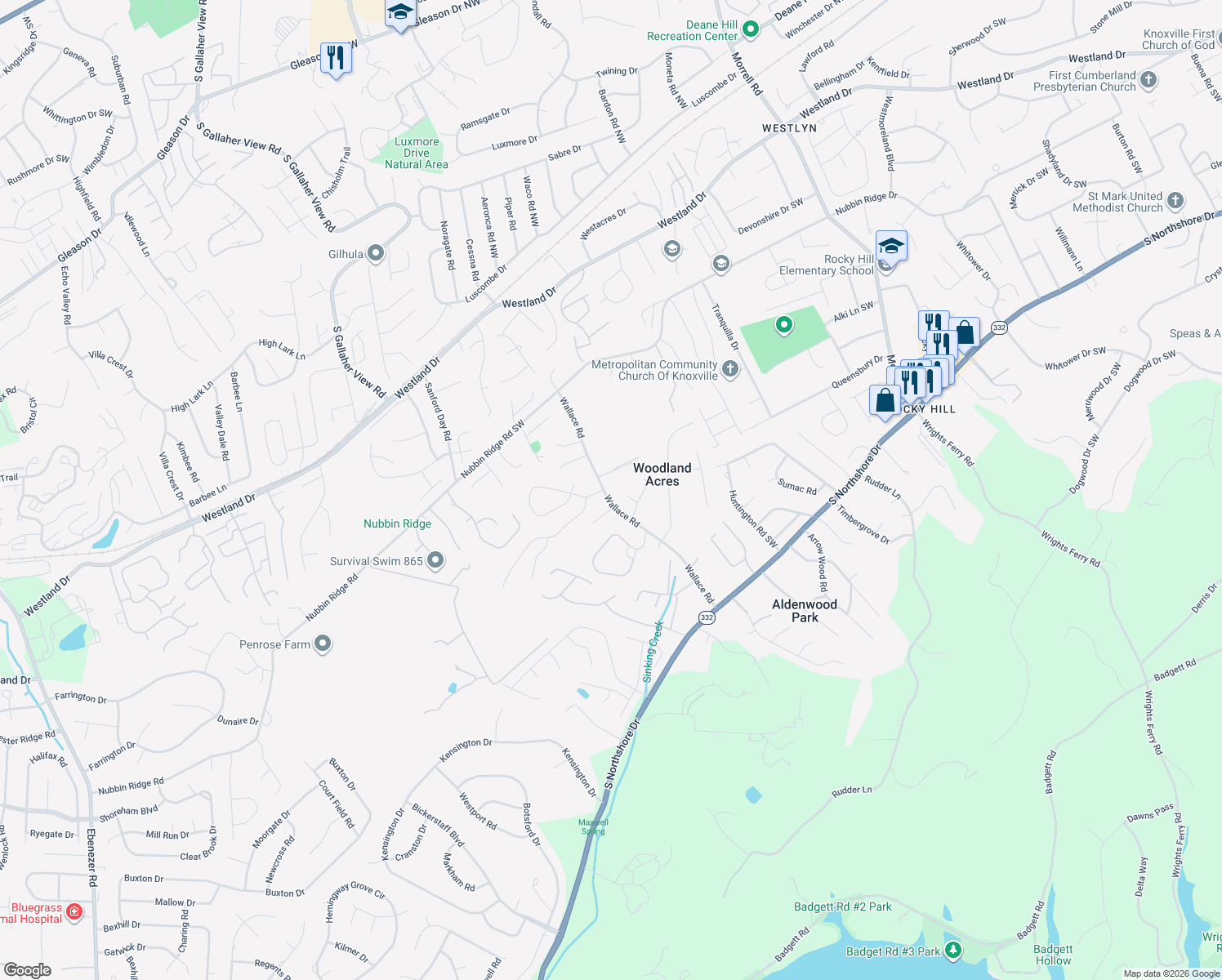 map of restaurants, bars, coffee shops, grocery stores, and more near 1128 Wallace Road in Knoxville