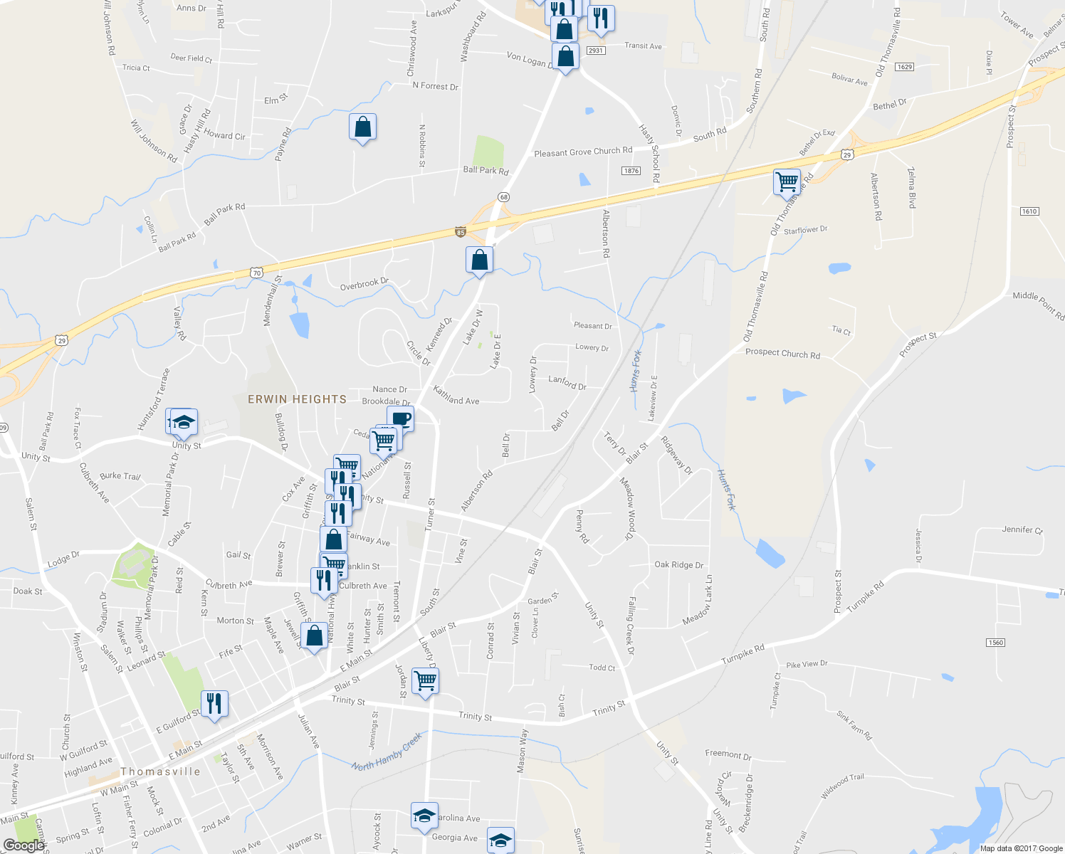 map of restaurants, bars, coffee shops, grocery stores, and more near 203 Bell Drive in Thomasville