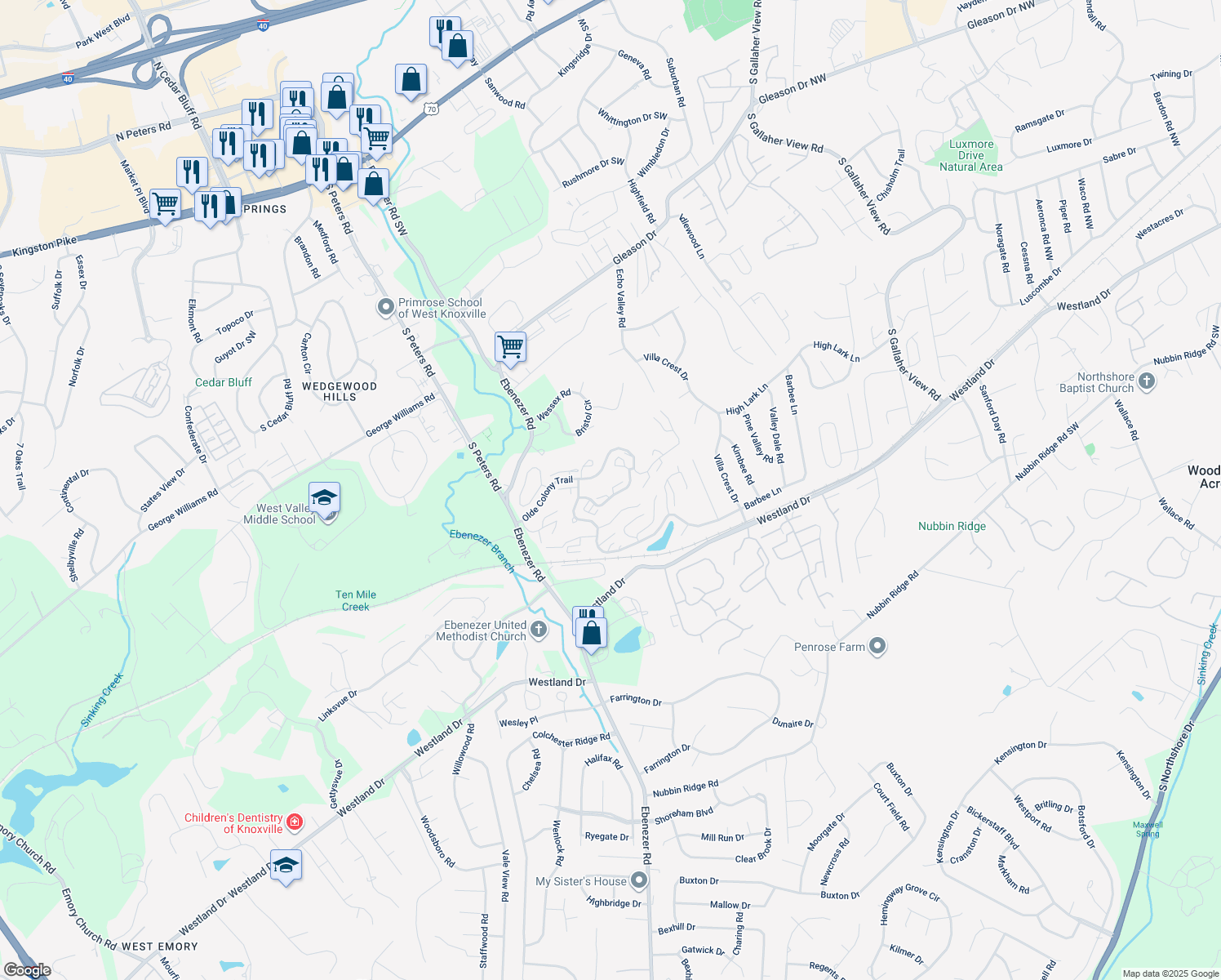 map of restaurants, bars, coffee shops, grocery stores, and more near 8661 Olde Colony Trail in Knoxville