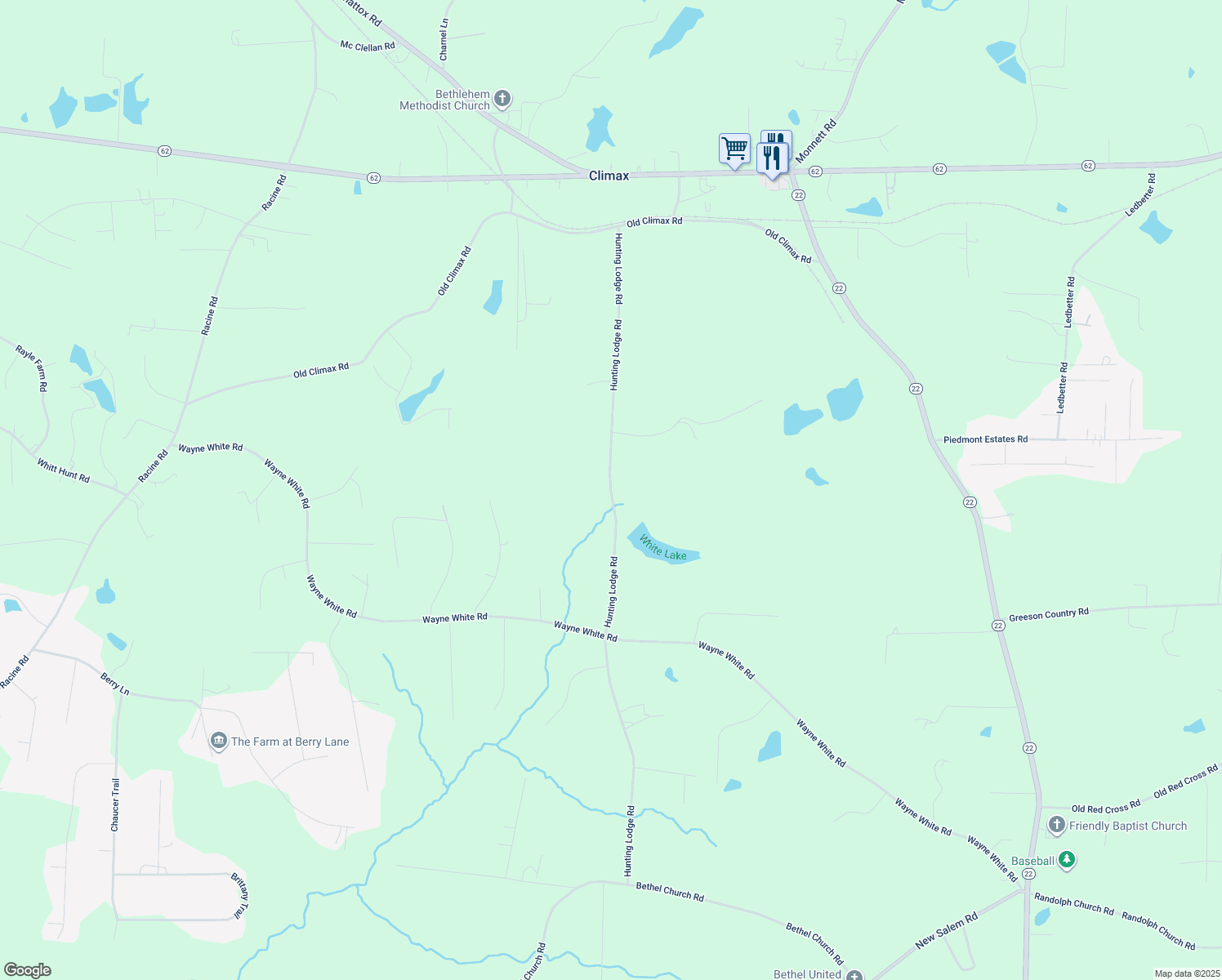 map of restaurants, bars, coffee shops, grocery stores, and more near 6439 Hunting Lodge Road in Climax