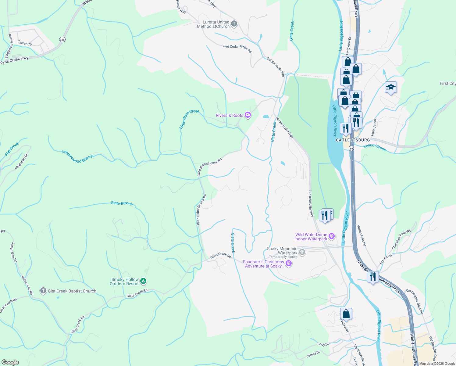 map of restaurants, bars, coffee shops, grocery stores, and more near 203 Reed Schoolhouse Road in Sevierville
