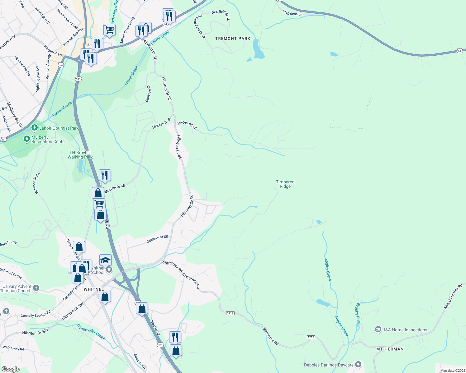 map of restaurants, bars, coffee shops, grocery stores, and more near 117 Prestwood Drive Southeast in Lenoir