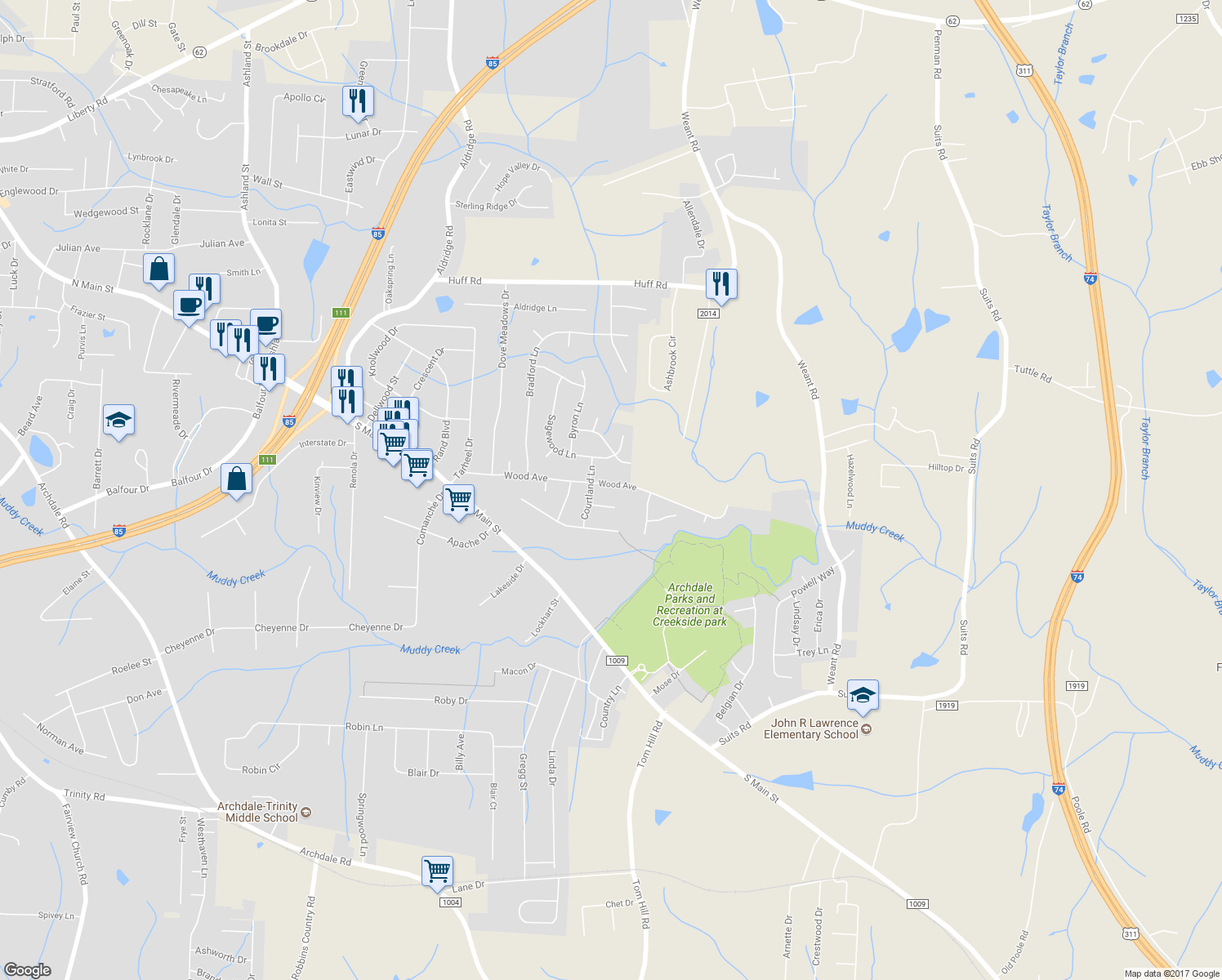 map of restaurants, bars, coffee shops, grocery stores, and more near 3905 Wood Avenue in Archdale